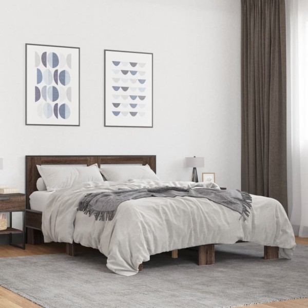 Bed frame, brown oak, 140x190cm, processed wood/metal