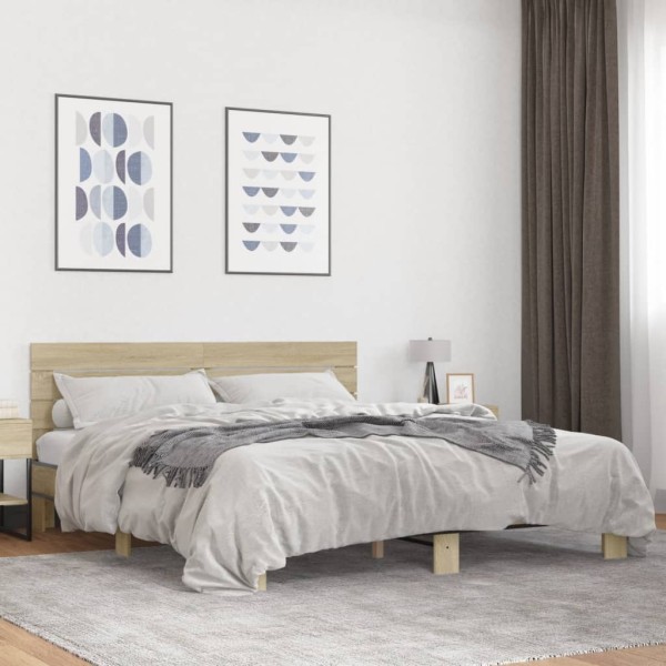 Bed frame, oak, 200x200cm, processed wood and metal