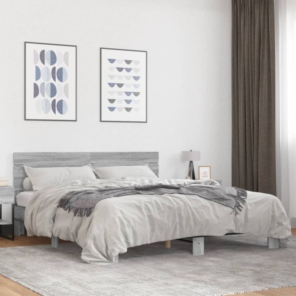 Bed frame, gray oak, 200x200cm, processed wood/metal
