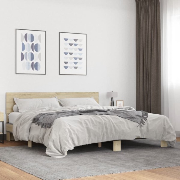 Bed frame, oak, 200x200cm, processed wood and metal