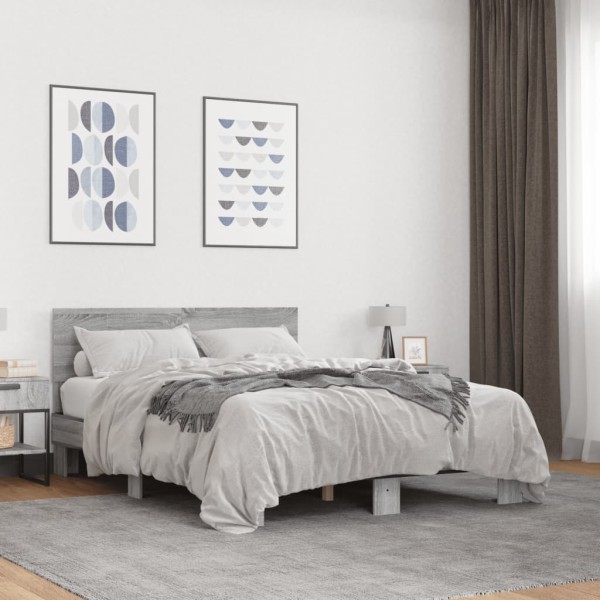 Bed frame, gray oak, 135x190cm, processed wood/metal