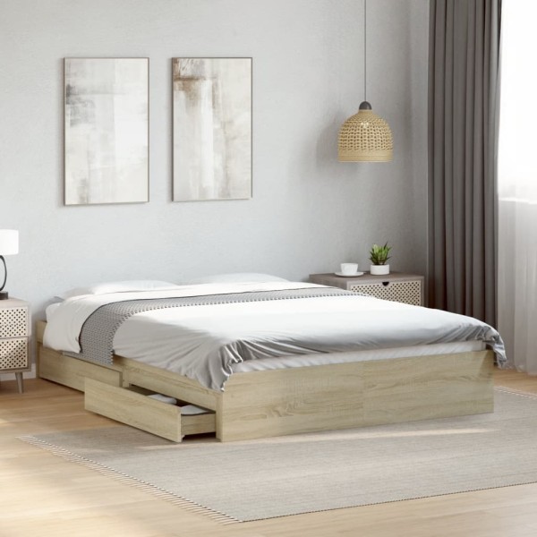 Bed frame with drawers, oak, 140x200cm, processed wood