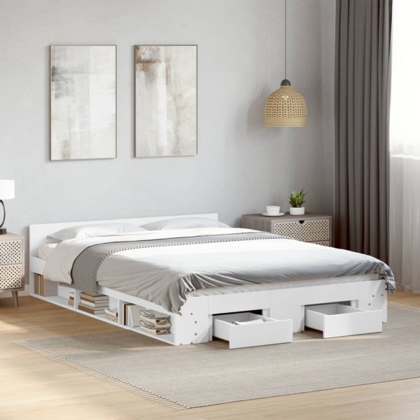 Bed frame with drawers, white, 140x200cm, processed wood