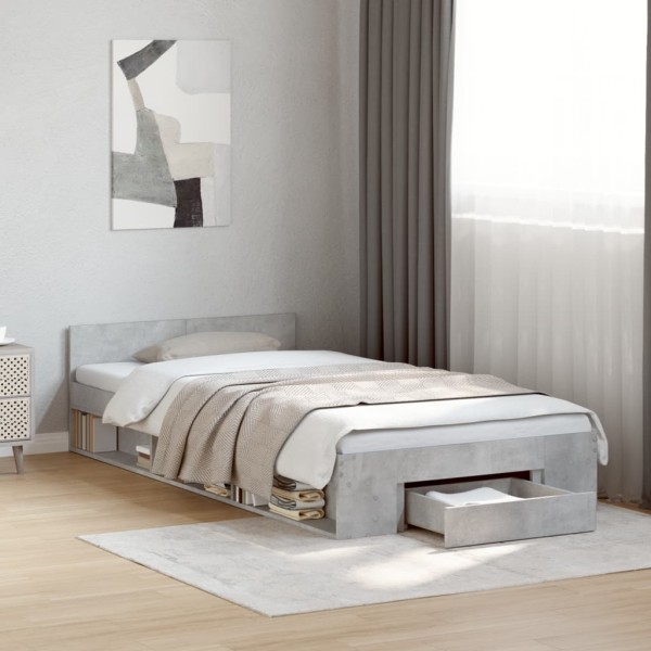 Bed frame with drawer, concrete, 100x200cm, processed wood