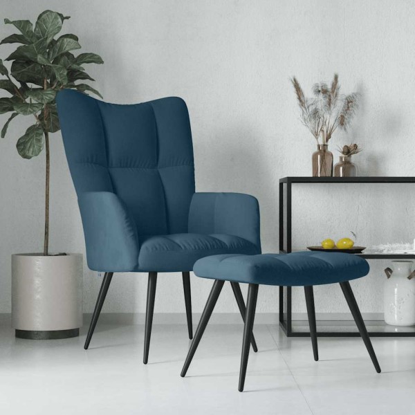 Lounge chair with footrest, blue, velvet