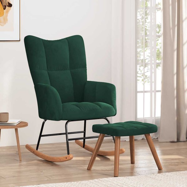Rocking chair with footrest, dark green, velvet