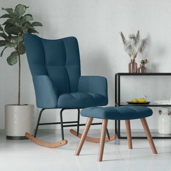 Rocking chair with stool, blue velvet