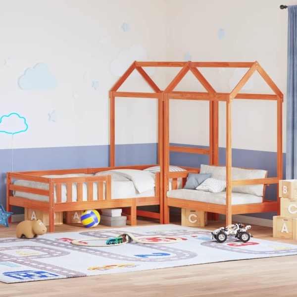 Bed and bench set with canopy, brown, 90x190cm, pine