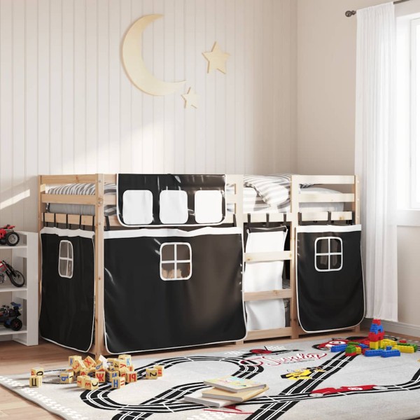Bunk bed with curtains, white/black, 90x200cm, pine