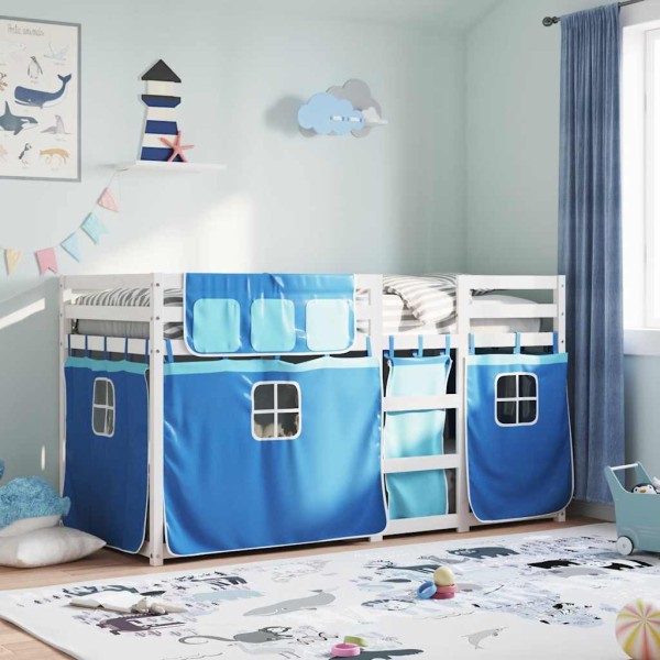 Bunk bed with curtains, blue, 80x200cm, pine