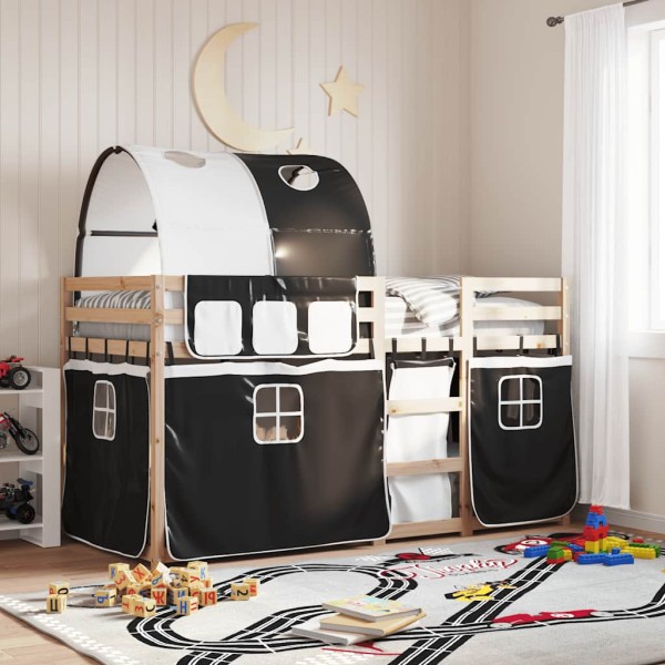 Bunk bed with curtains, white/black, 90x200cm, pine