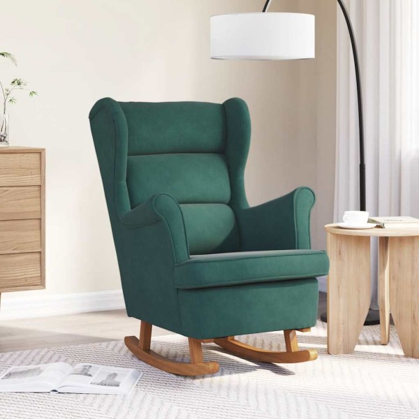 Rocking chair with backrest, dark green velvet solid wood