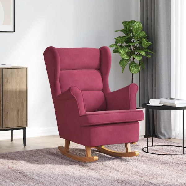 Rocking chair with backrest, wine red, velvet solid wood