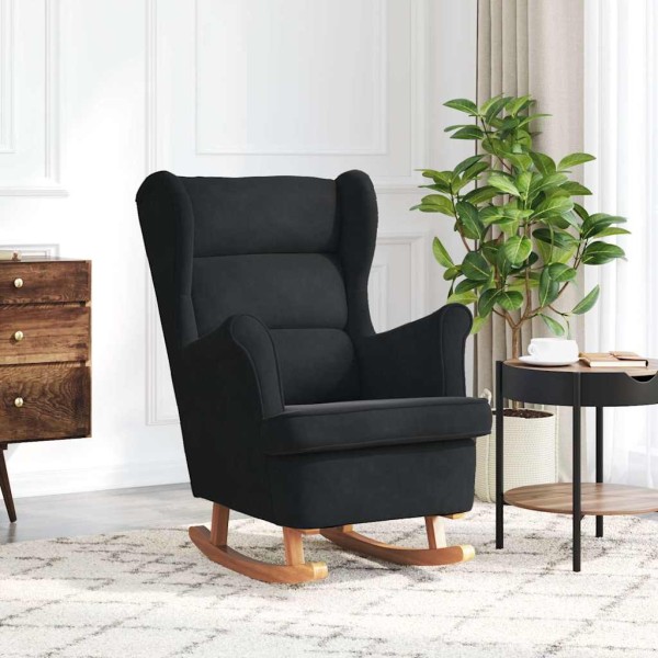 Rocking chair with backrest, black velvet solid wood