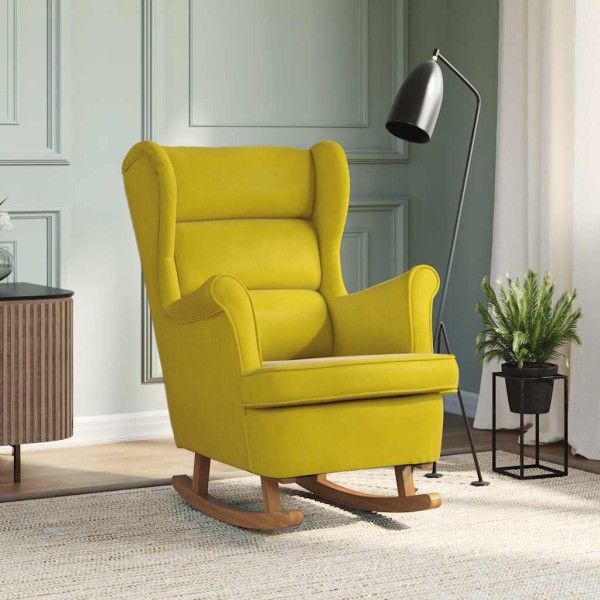 Rocking chair with backrest, yellow velvet solid wood