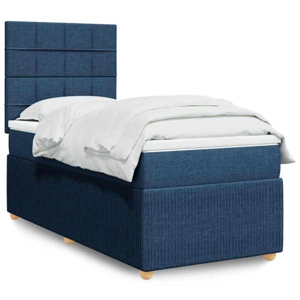 Bed with springs and mattress, blue, 90x190 cm, fabric
