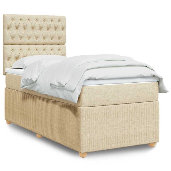 Bed with springs and mattress, cream, 90x190 cm, fabric