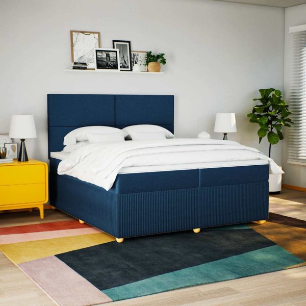 Bed with springs and mattress, blue, 200x200 cm, fabric