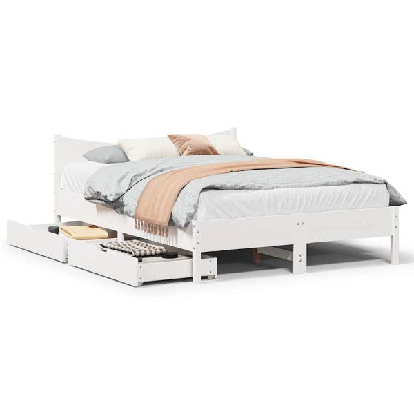 Bed frame with drawers, white, 140x200cm, solid pine