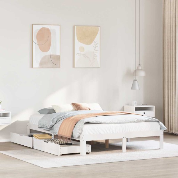 Bed frame with drawers, white, 160x200cm, solid pine