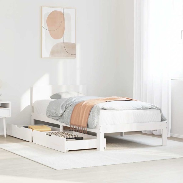 Bed frame with drawers, white, 90x200cm, solid pine