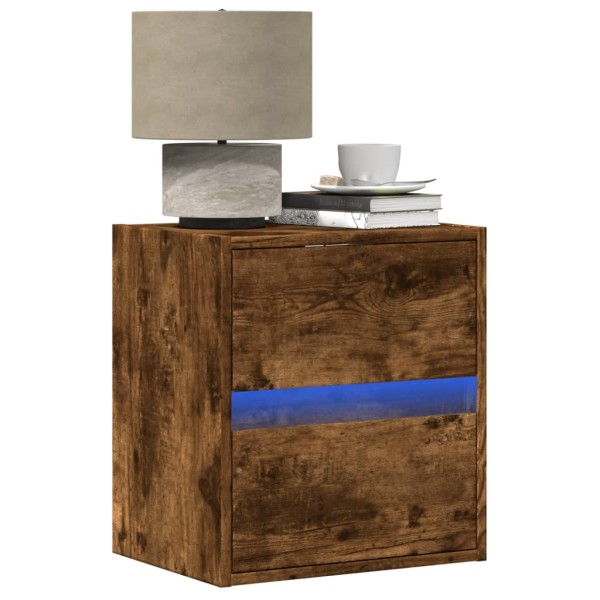 Wall-mounted bedside cabinets with LED, 2 pcs., smoky oak