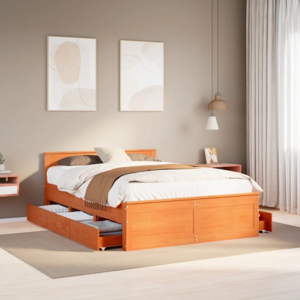 Bed frame without mattress with headboard, brown, 140x200cm, pine