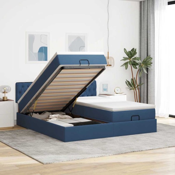 Ottoman bed frame with mattresses, blue, 200x200cm, fabric