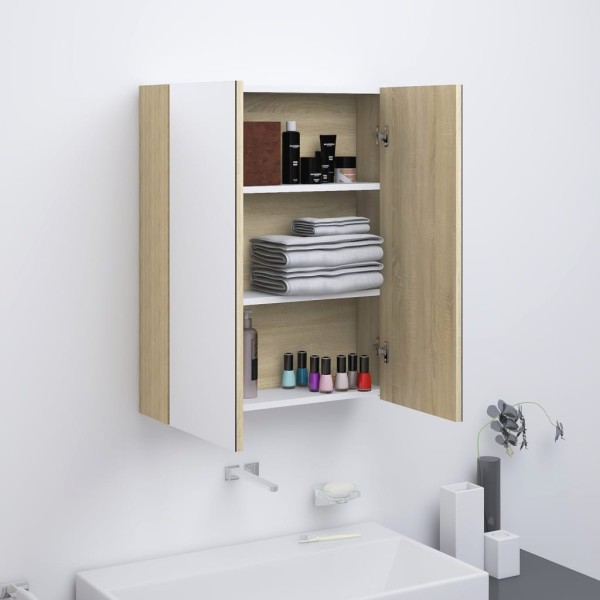 Mirror bathroom cabinet, white and oak, 60x15x75cm, MDF