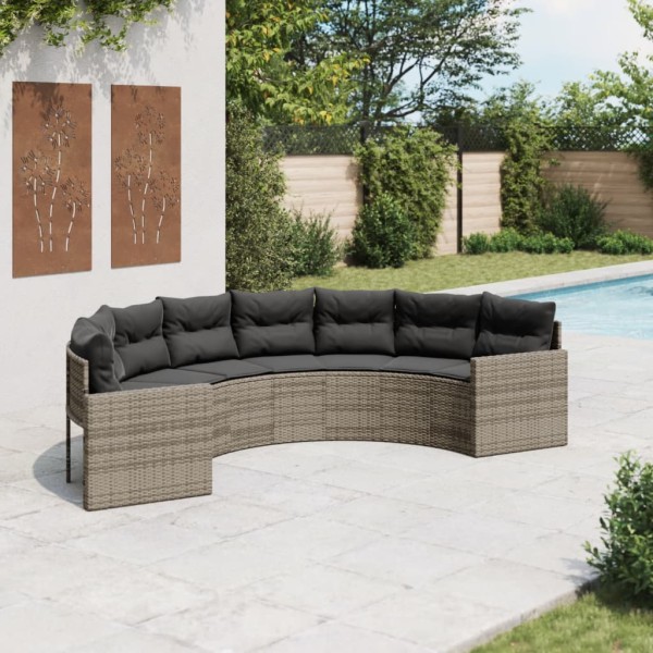 Garden sofa with cushions, gray, polyrattan, semi-circular