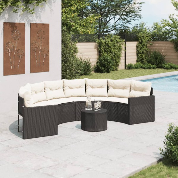 Garden sofa with table/cushions, black, polyrattan, semi-circular