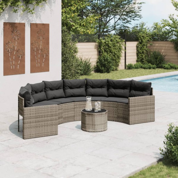 Garden sofa with table/cushions, gray, polyrattan, semi-circular
