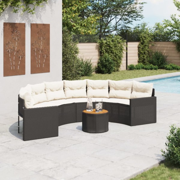 Garden sofa with table/cushions, black, polyrattan, semi-circular