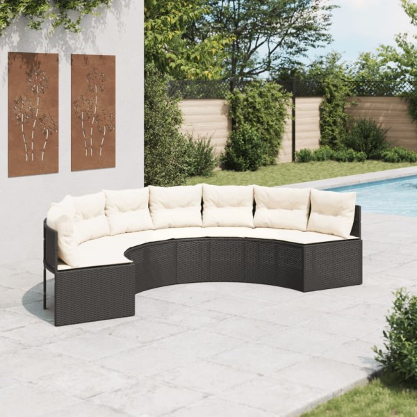 Garden sofa with cushions, black, polyrattan, semi-circular