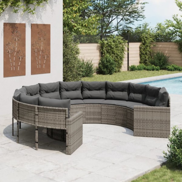 Garden sofa with cushions, grey, polyrattan, round