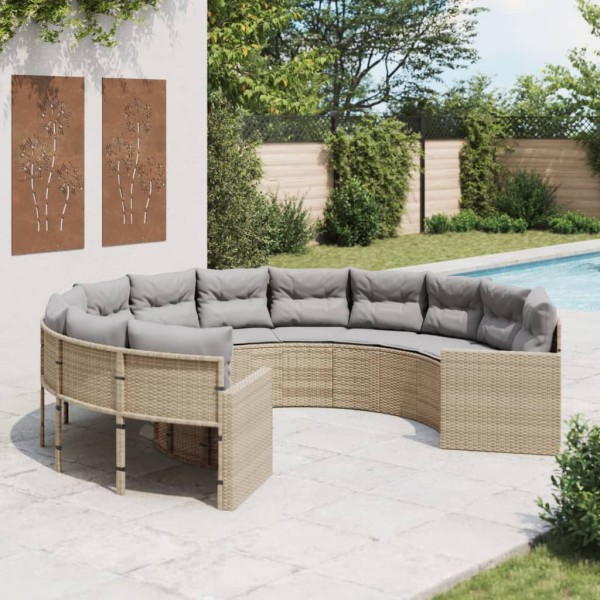 Garden sofa with cushions, beige, polyrattan, round