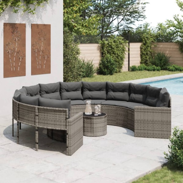 Garden sofa with table/cushions, gray, polyrattan, round