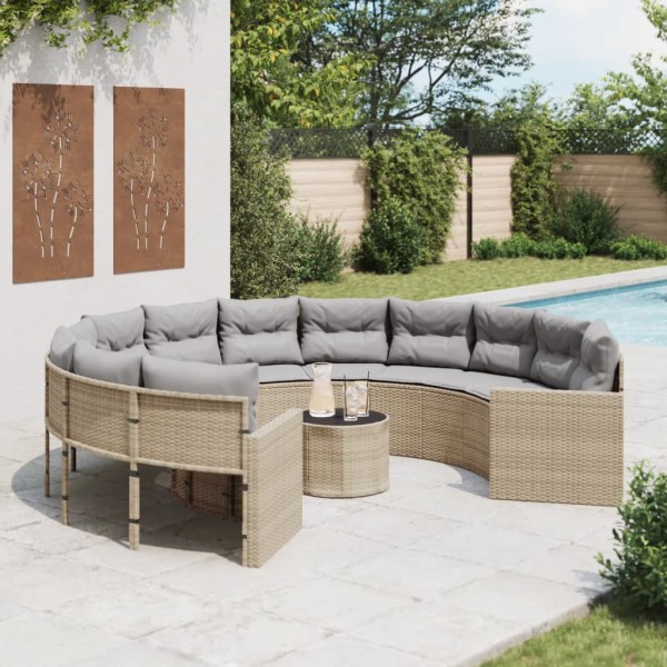 Garden sofa with table/cushions, beige, polyrattan, round