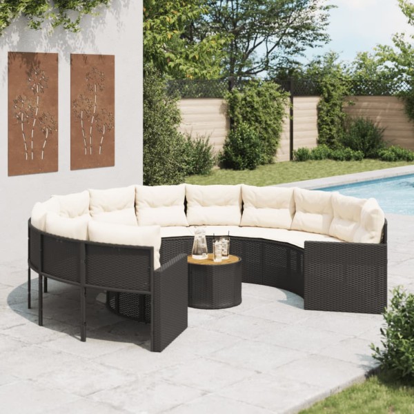 Garden sofa with table/cushions, black, polyrattan, round