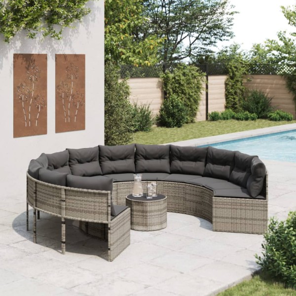 Garden sofa with table/cushions, gray, polyrattan, round