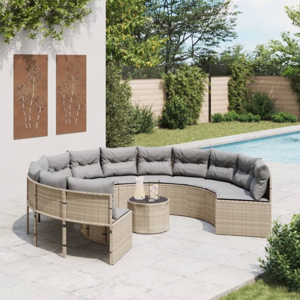 Garden sofa with table/cushions, beige, polyrattan, round