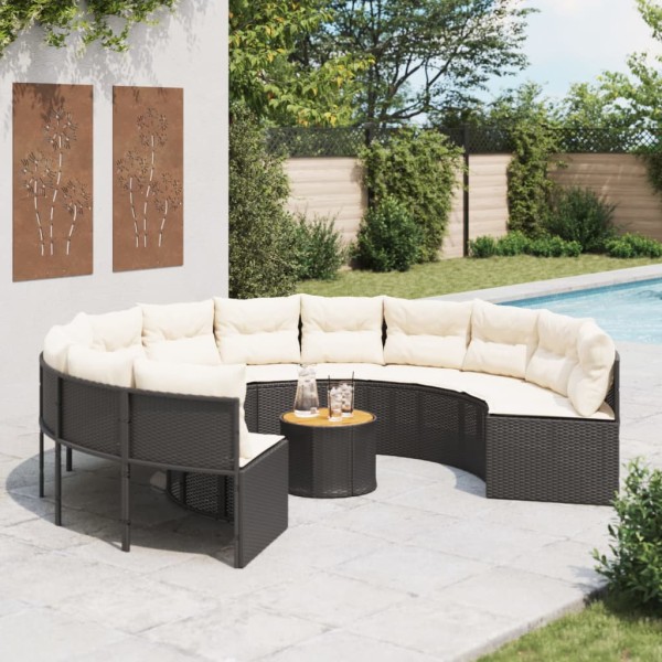 Garden sofa with table/cushions, black, polyrattan, round