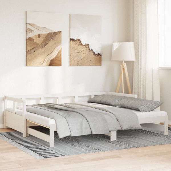 Bed with pull-out part and mattress, white, 90x200cm, pine