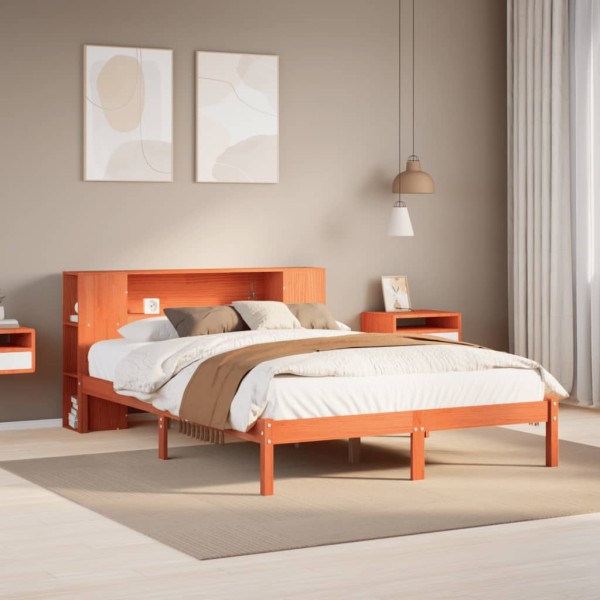 Bed with bookcase without mattress, brown, 135x190cm, pine