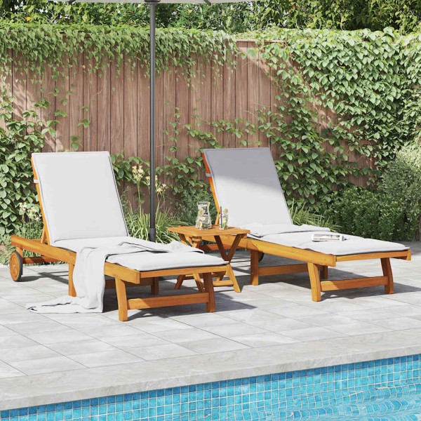 Sunbeds with table, 2 pcs., solid acacia wood