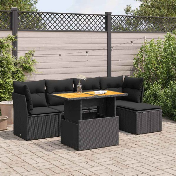 Sofa set with cushions, 6 pieces, black, polyrattan