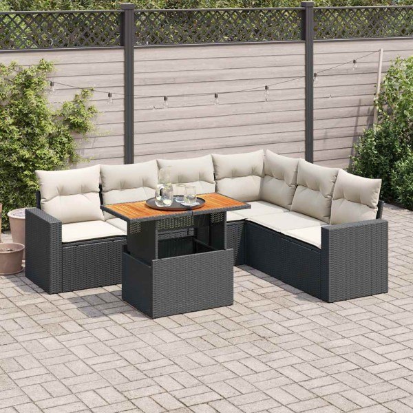 Sofa set with cushions, 7 pieces, black, polyrattan