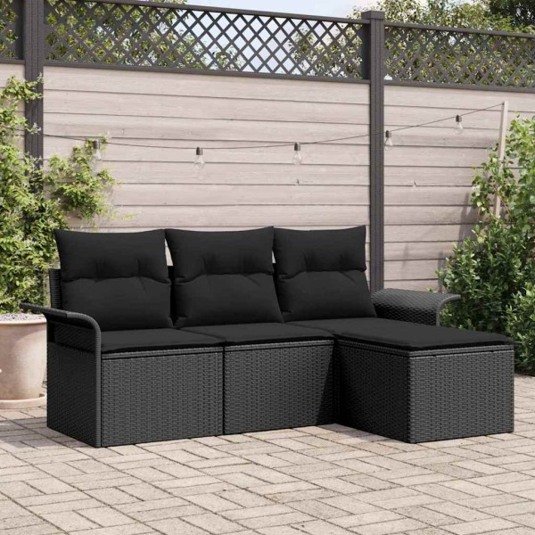 Sofa set with pillow 4 pcs Black polyrattan