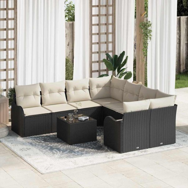 Garden sofa set with pillow 9 pcs Black polyrattan