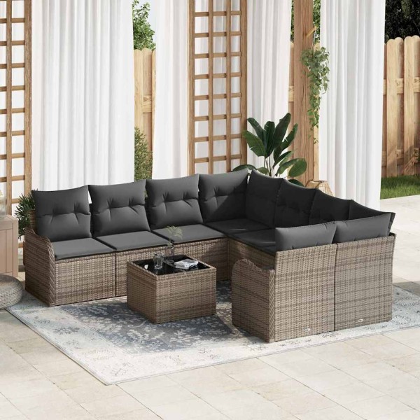 Garden sofa set with pillow 9 pcs Gray polyrattan